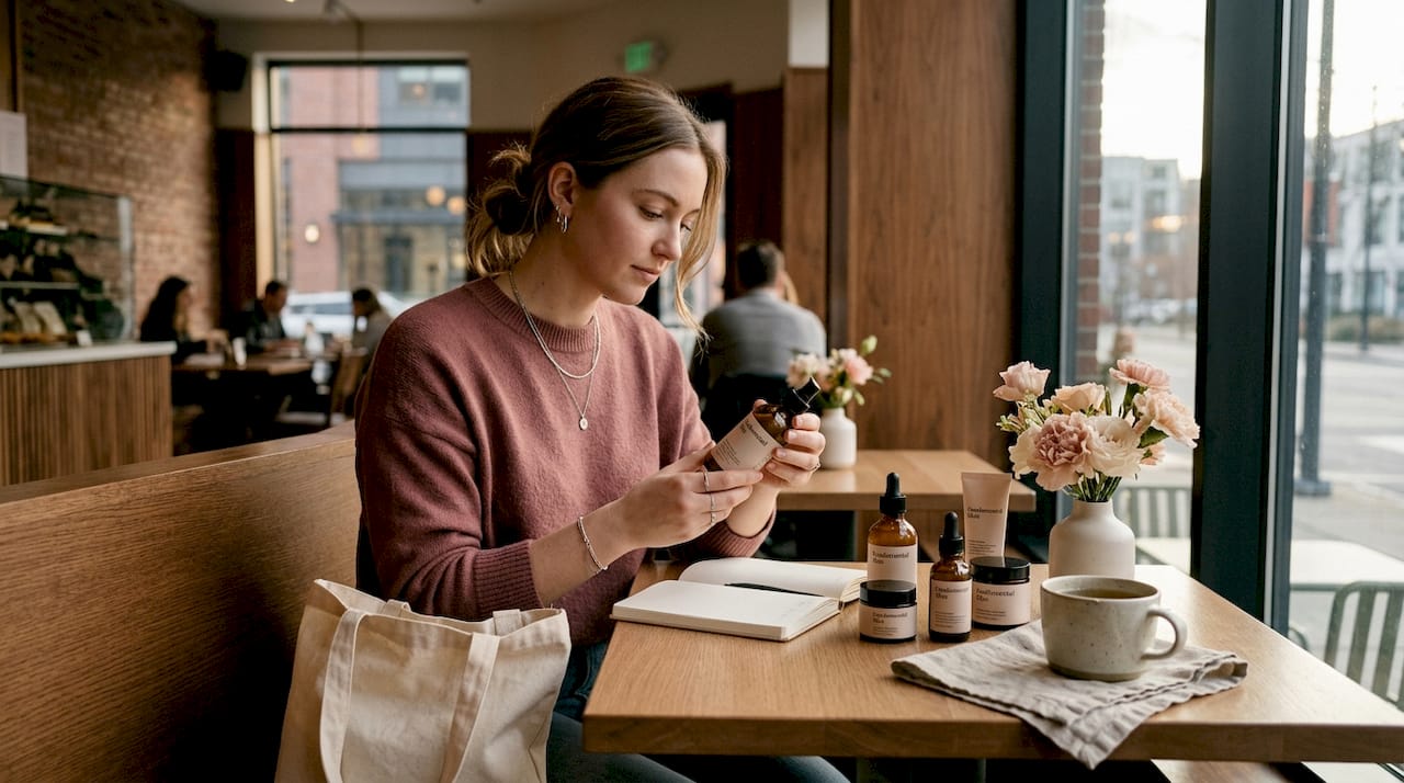 Woman unpacking organic skincare products at home