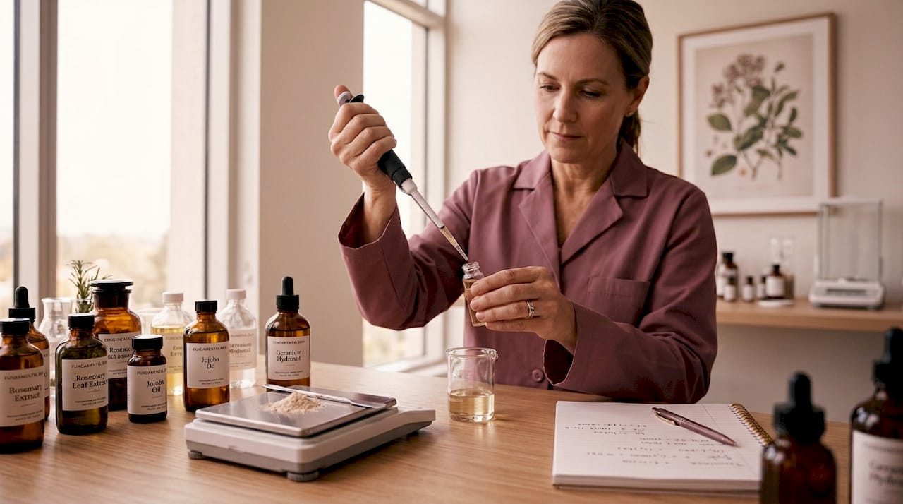 Cosmetic chemist formulating organic skincare ingredients