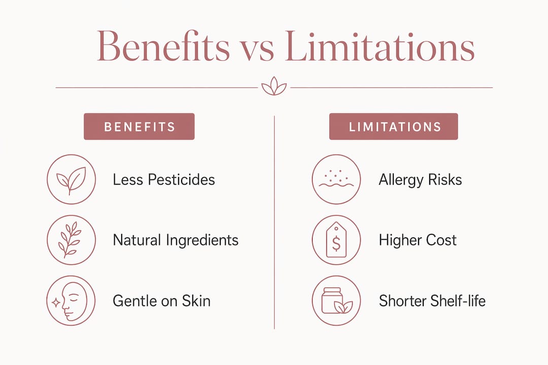 Infographic comparing organic skincare benefits and limitations