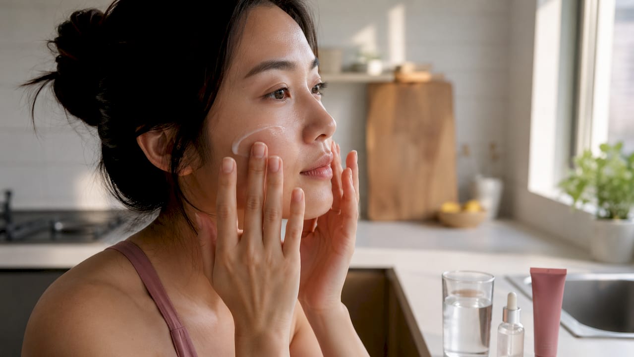 Woman applying sunscreen post pigmentation treatment