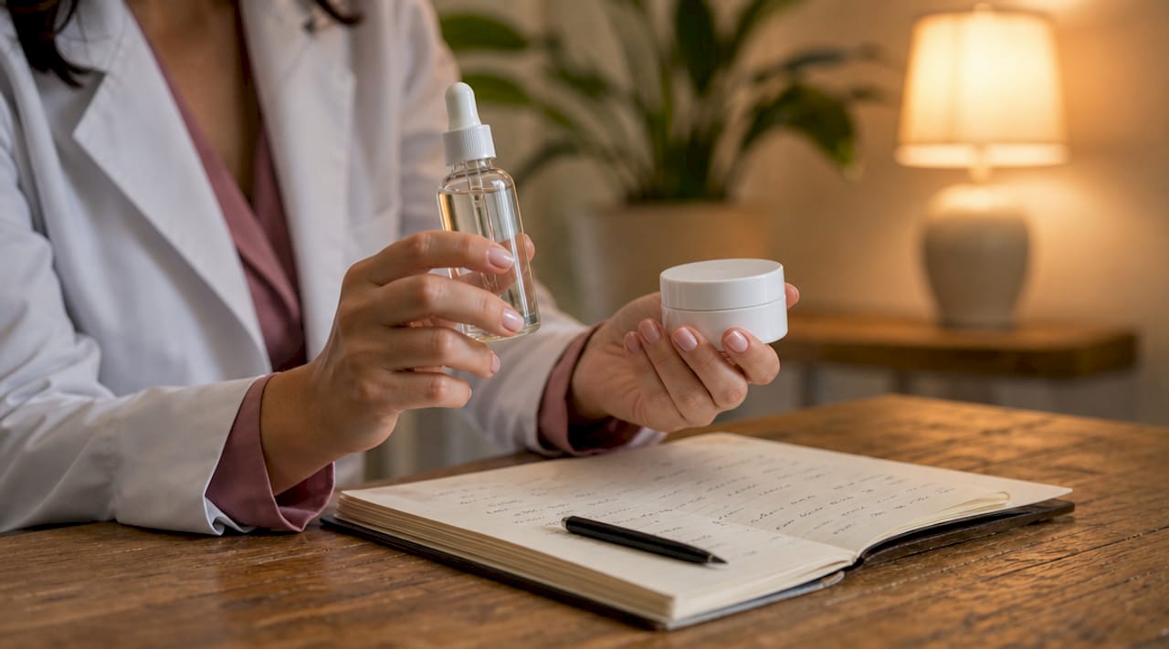 Dermatologist's hands with skincare treatment jars