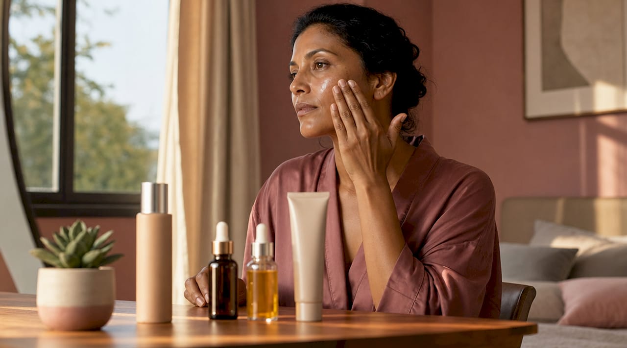 Woman applying sunscreen at bathroom vanity