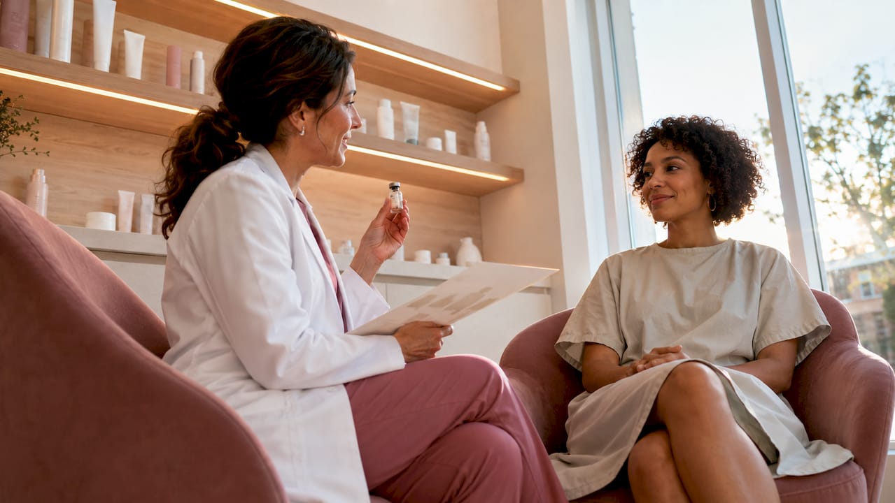 Dermatologist consulting patient on pigmentation treatment
