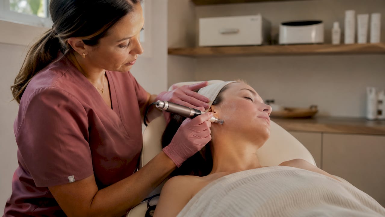 Professional performing microneedling treatment on face