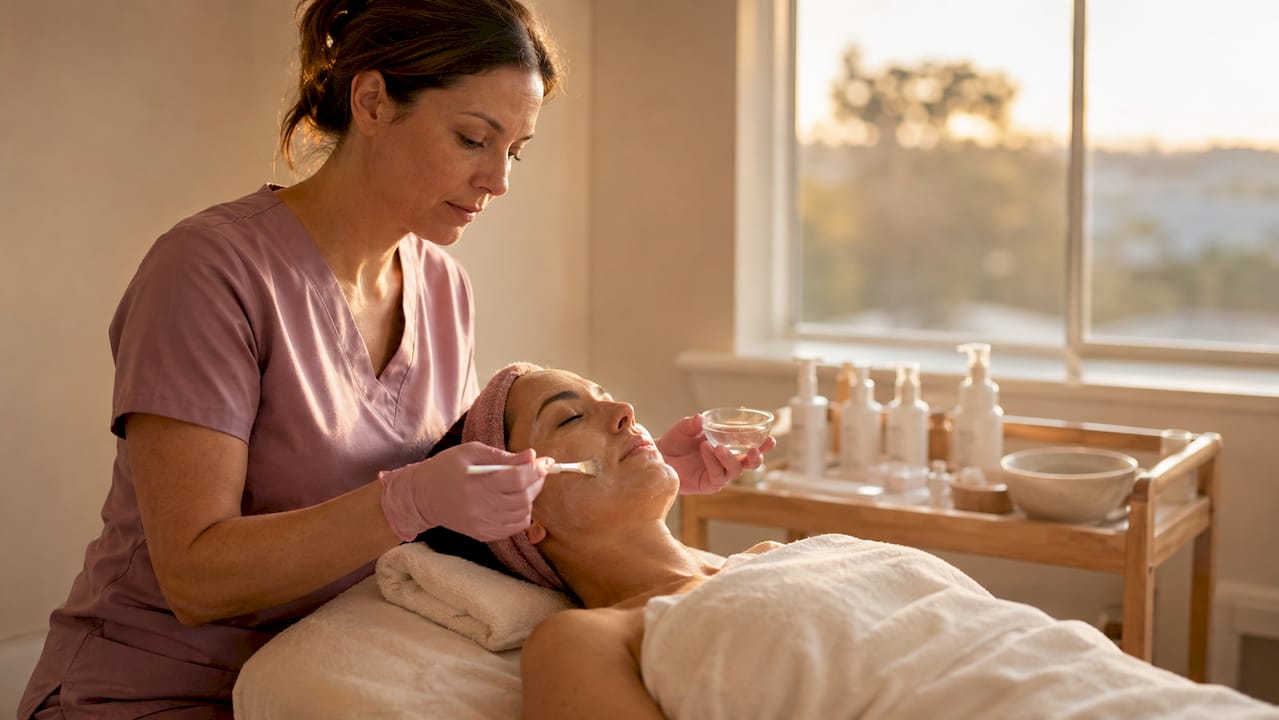 Esthetician applying chemical peel on client's face