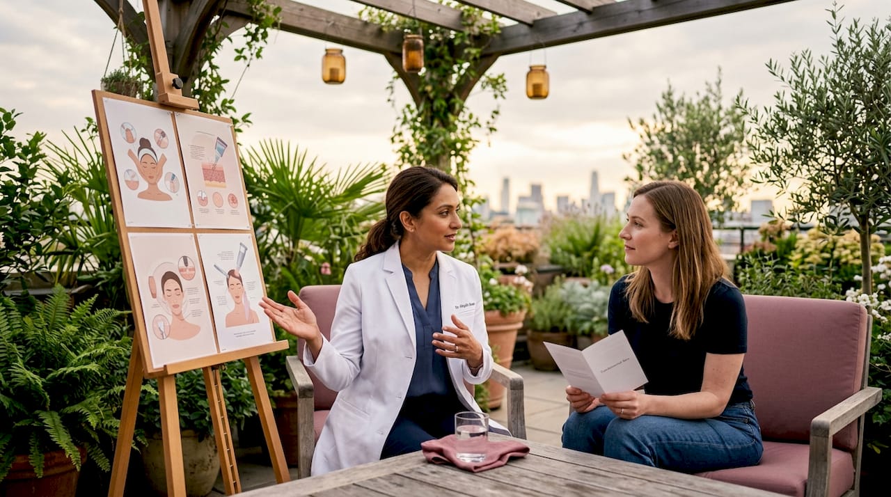 Dermatologist consulting client about skin treatments