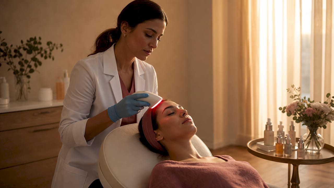 Dermatologist performing LED light therapy on patient