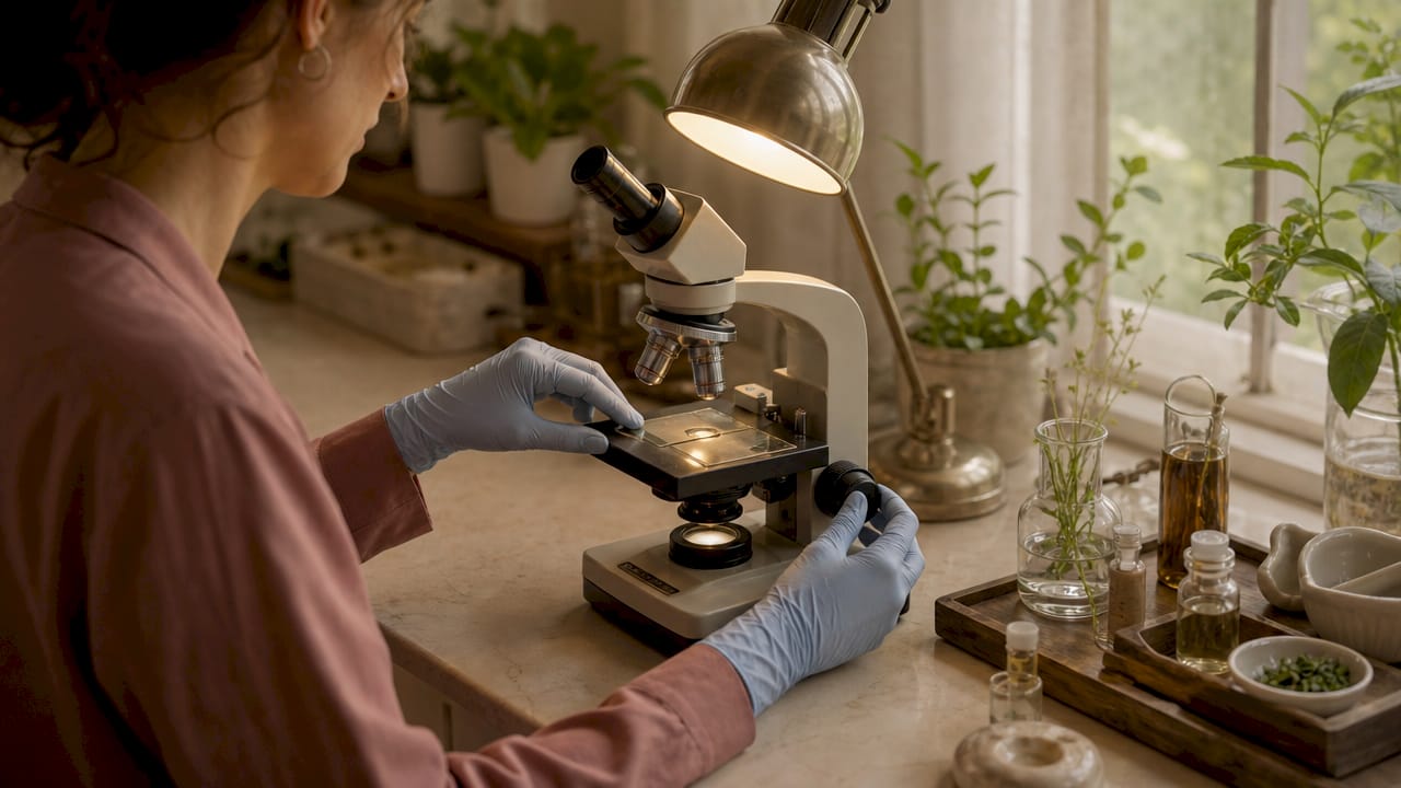 Scientist examining skin cells under microscope