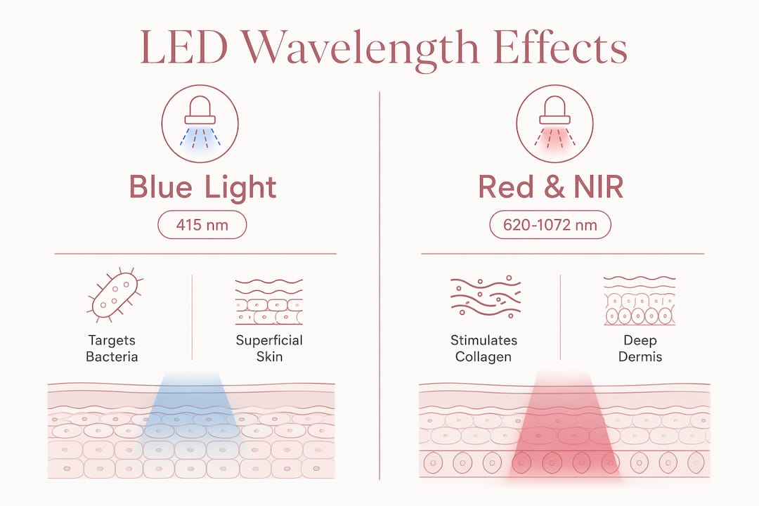 Infographic comparing blue vs red LED light effects