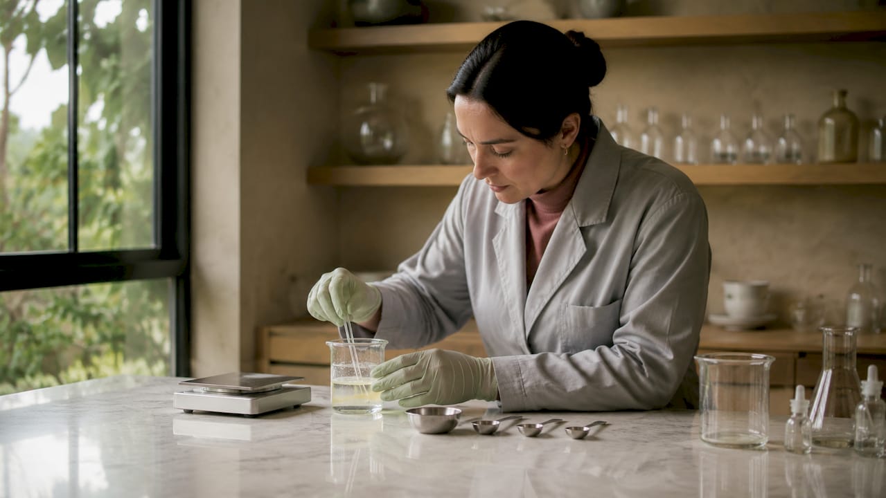 Scientist mixing skincare formulation in lab