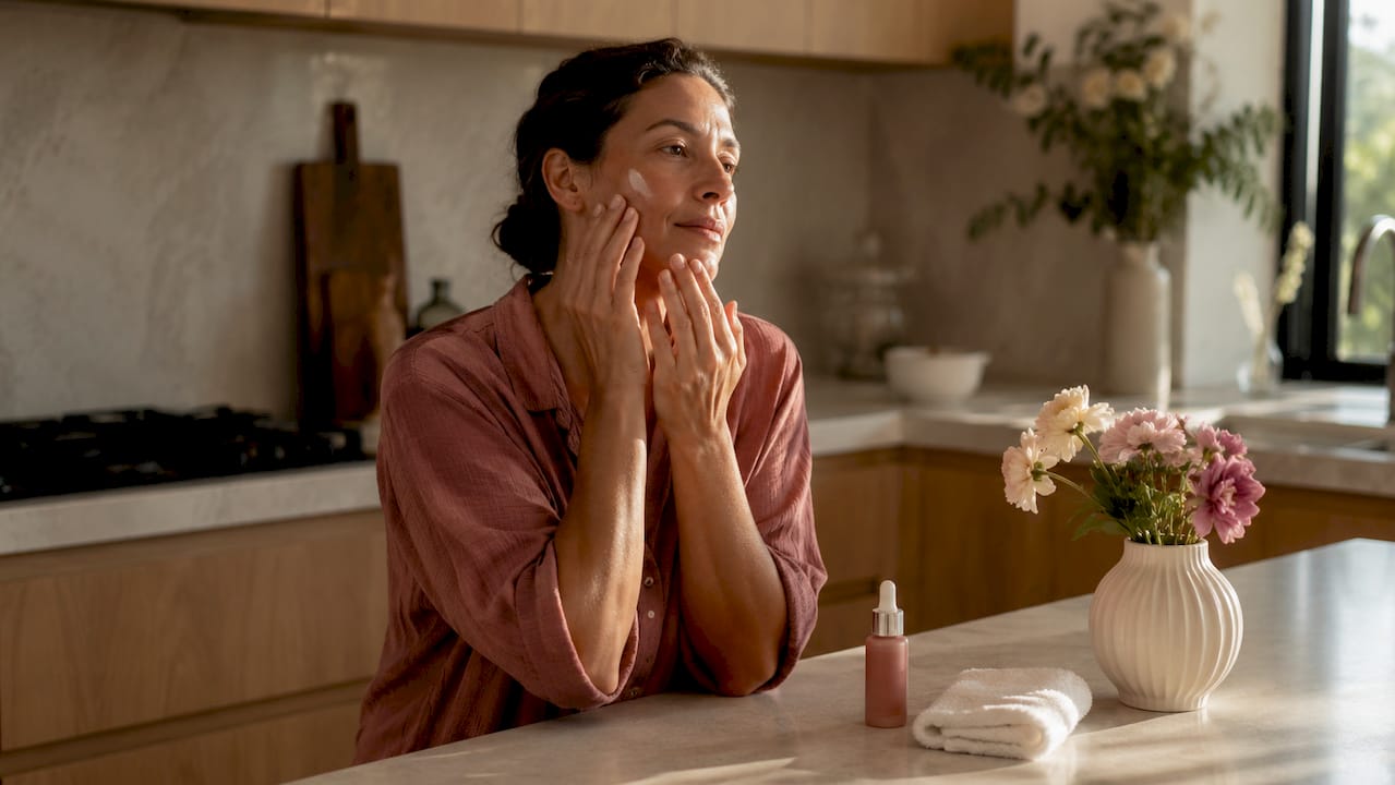 Woman applying moisturizer to aging skin in bedroom