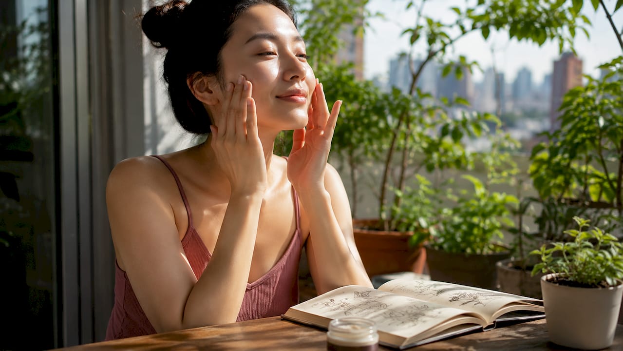 Woman applying natural serum on face indoors