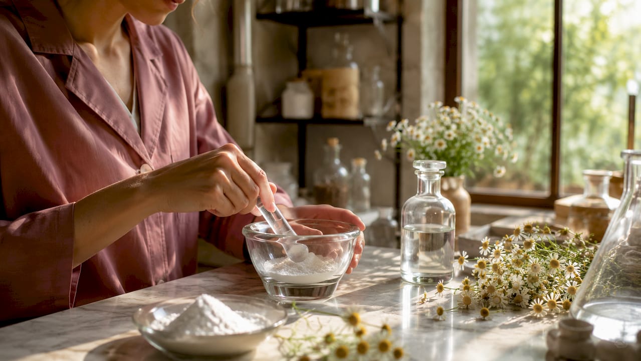 Hands preparing natural skincare ingredients up close