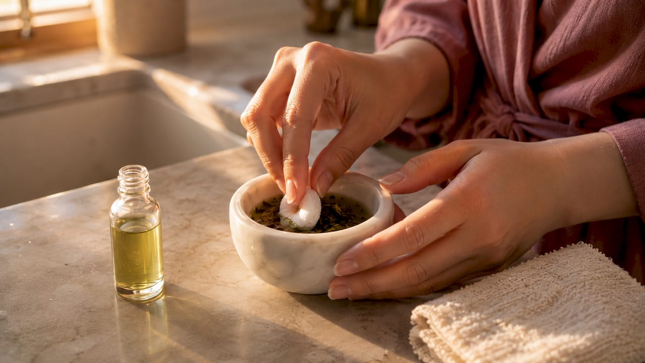 Hands preparing green tea compress for skin