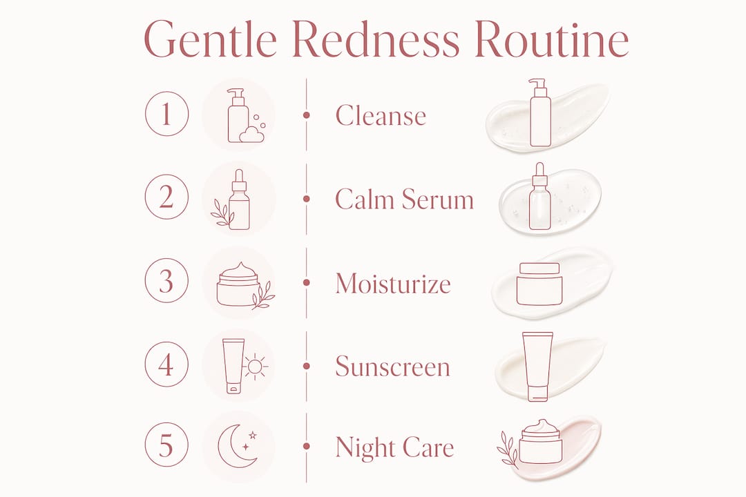 Infographic depicting steps of gentle skincare routine for redness