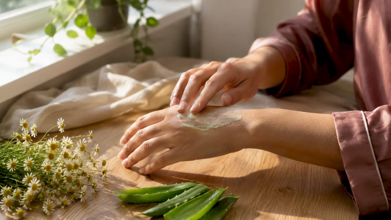 Hands holding organic cleanser and washcloth
