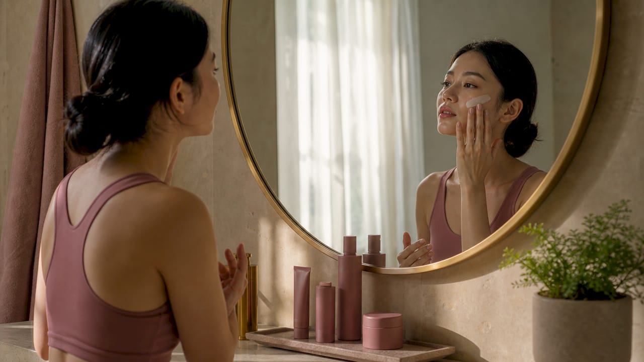 Woman applying sunscreen in home bathroom