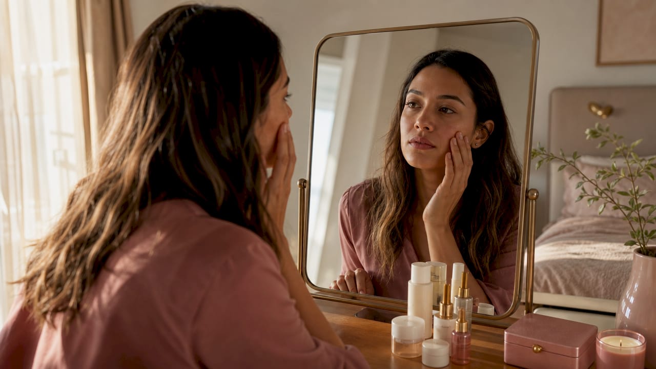 Woman examining face in bathroom mirror for pigmentation