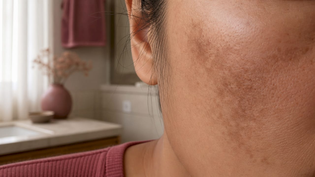 Close-up of symmetrical hyperpigmentation on cheek