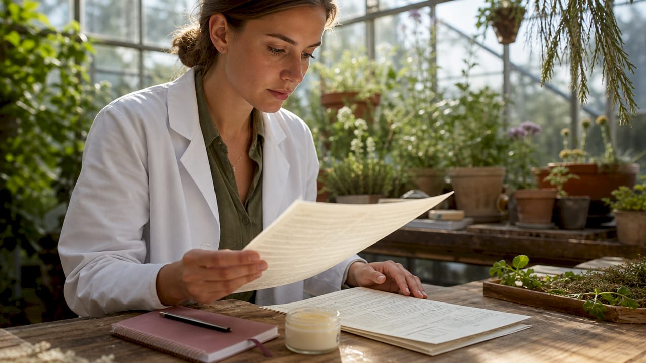 Woman reviewing certified organic skincare documents in lab