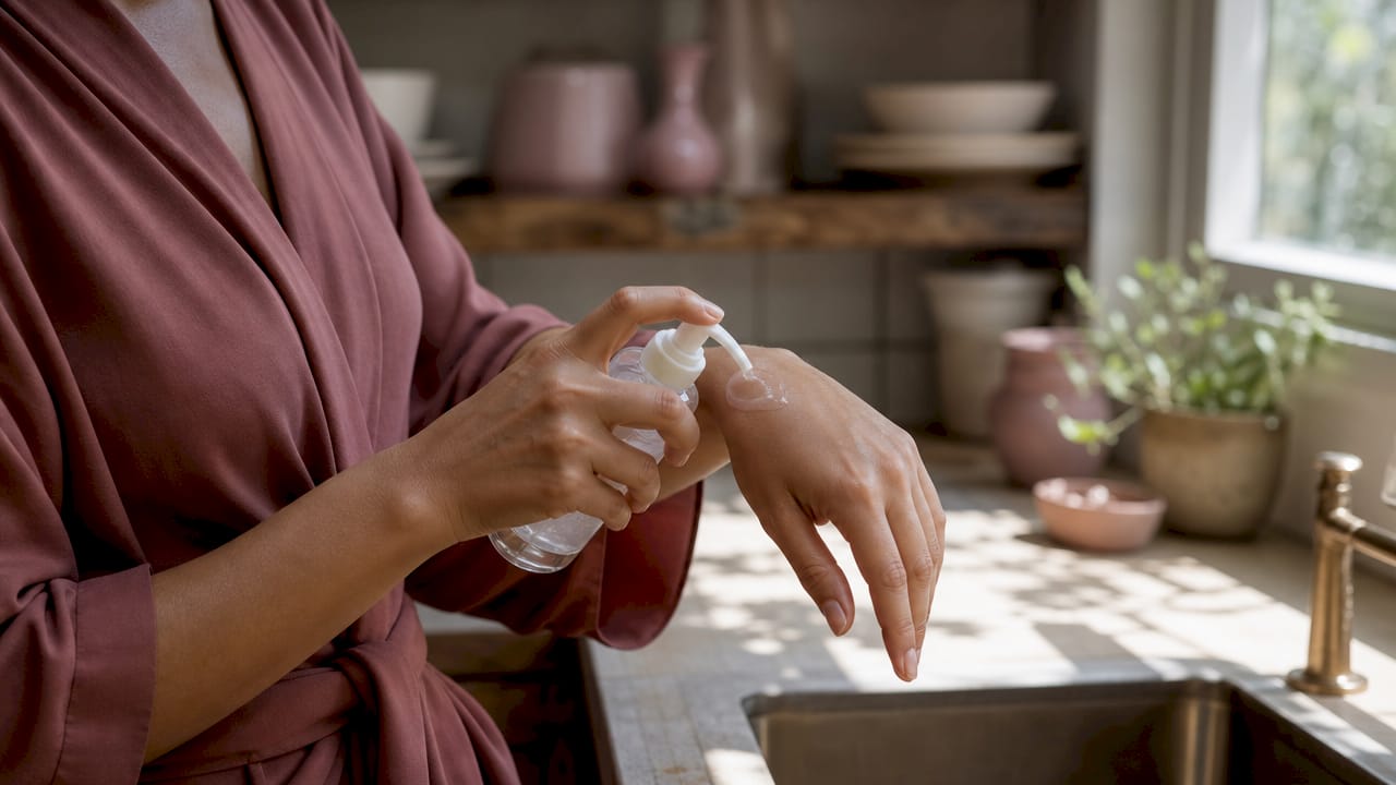 Close-up of hands dispensing gentle cleanser