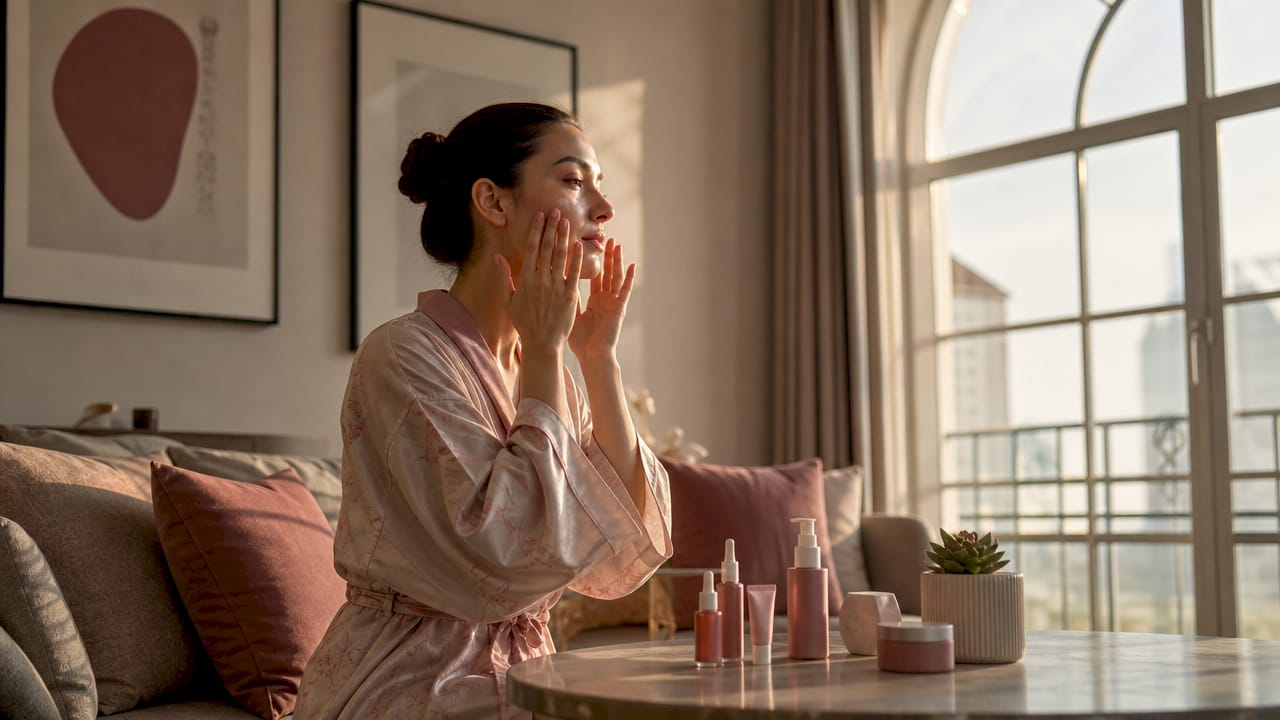 Woman applying skincare serum in bathroom