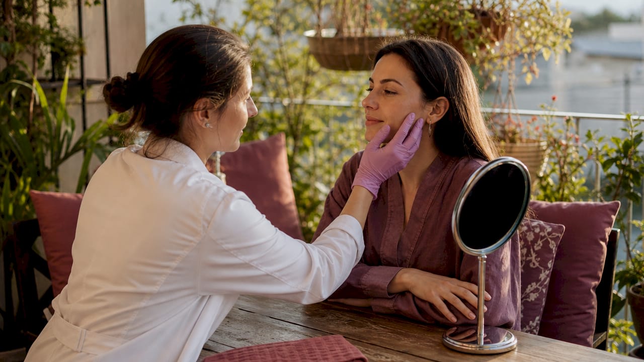 Skincare professional assessing client's skin