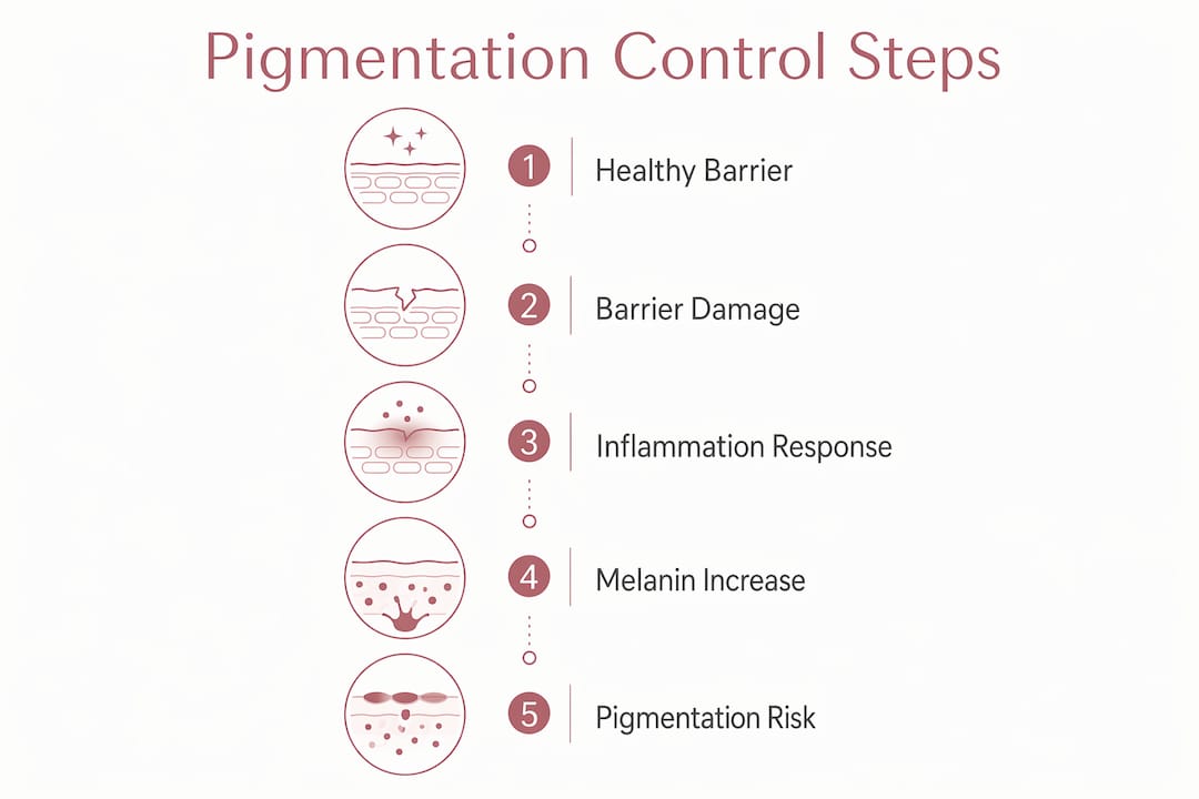 Infographic illustrating stages from barrier damage to pigmentation