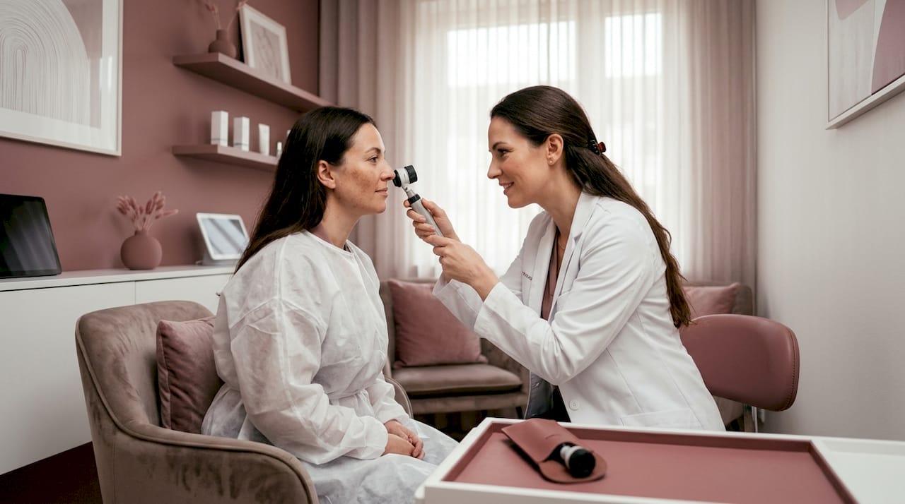 Dermatologist examining skin pigmentation clinically