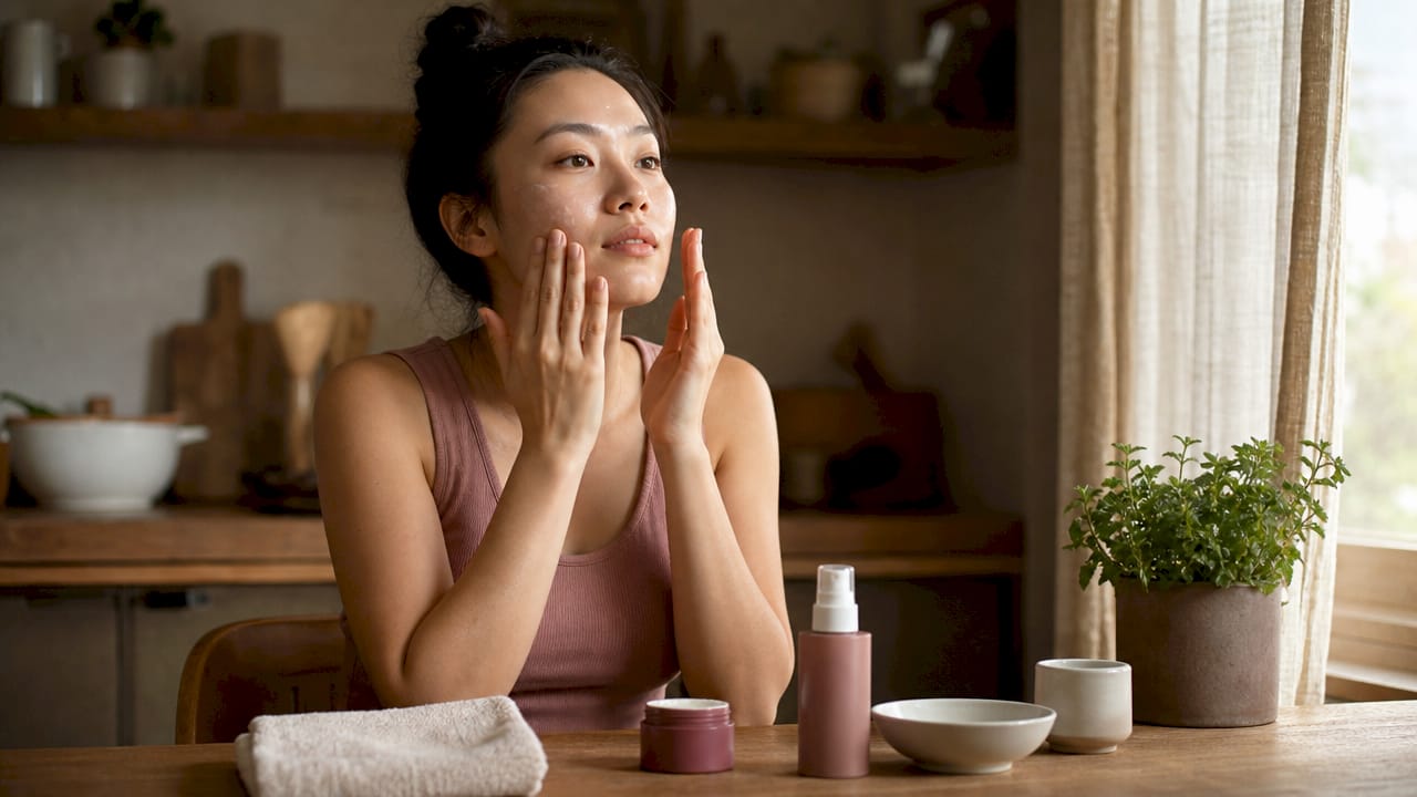 Woman applying skincare product at vanity