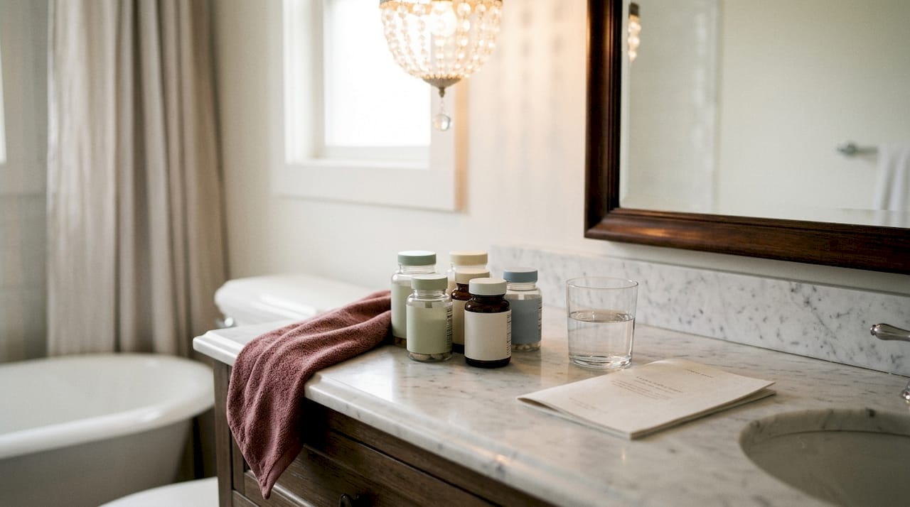 Close-up of vitamins and skincare items on bathroom vanity