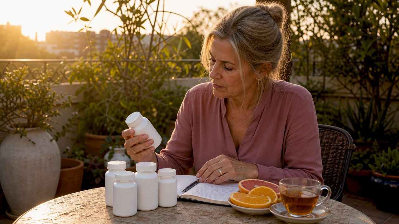 Woman reviewing vitamin supplements at breakfast nook
