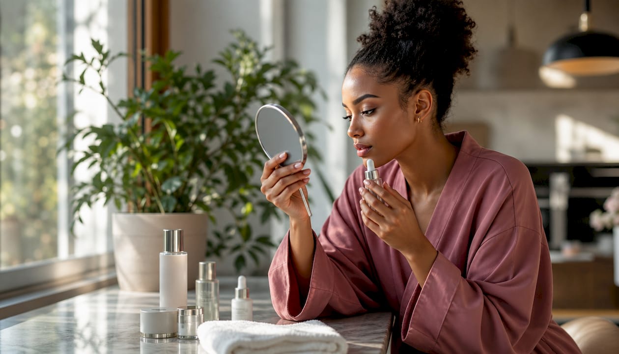 Woman examining skin with personalized skincare serum