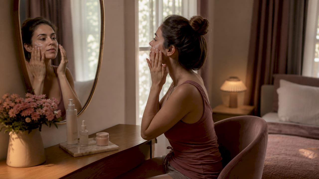 Woman applying moisturizer in bright bathroom