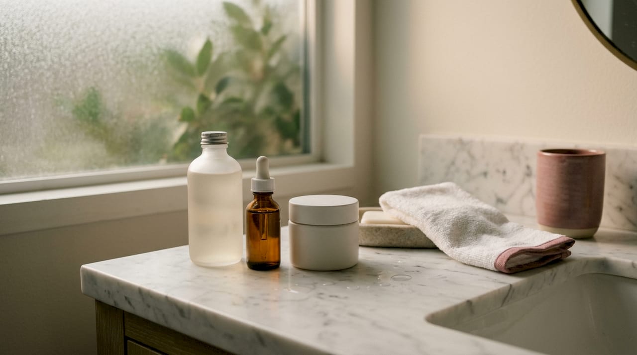 Minimalist skincare products on wooden vanity