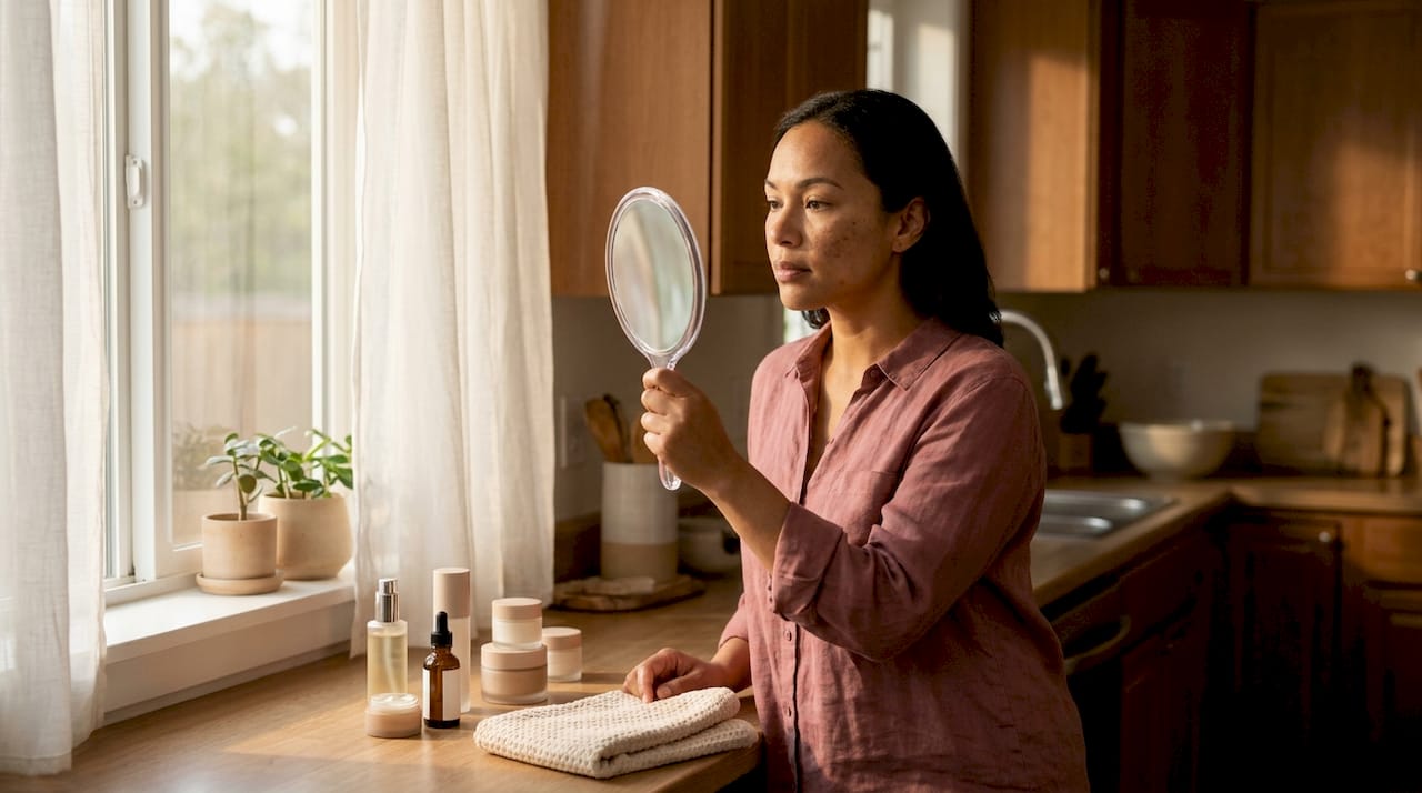 Woman examining her skin pigmentation in mirror