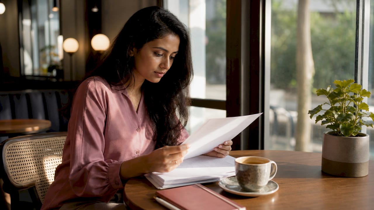 Woman reviewing skincare clinic documents at home