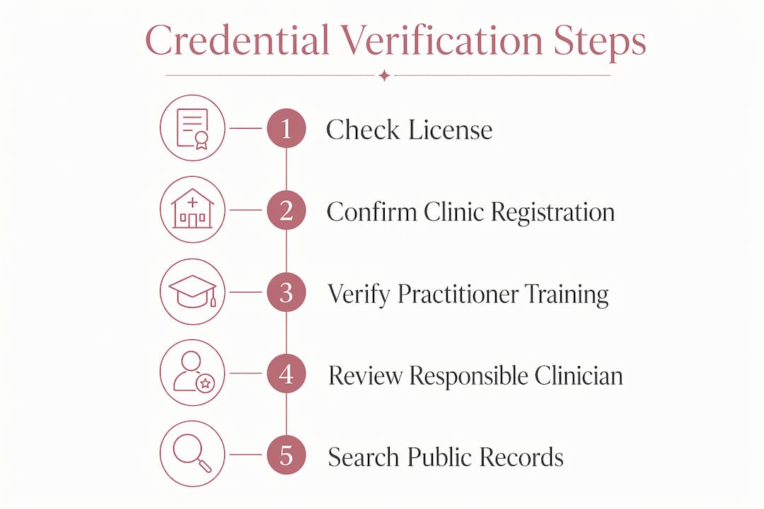 Infographic presenting verification steps for skincare clinic credentials