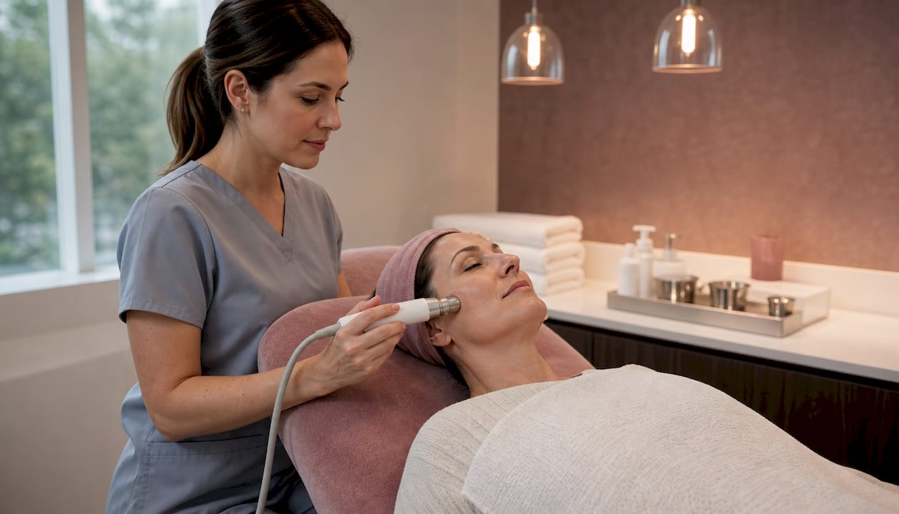 Clinician applying ultrasound skin therapy to client's face