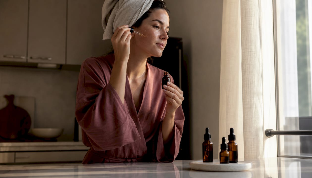 Woman applying botanical facial oil