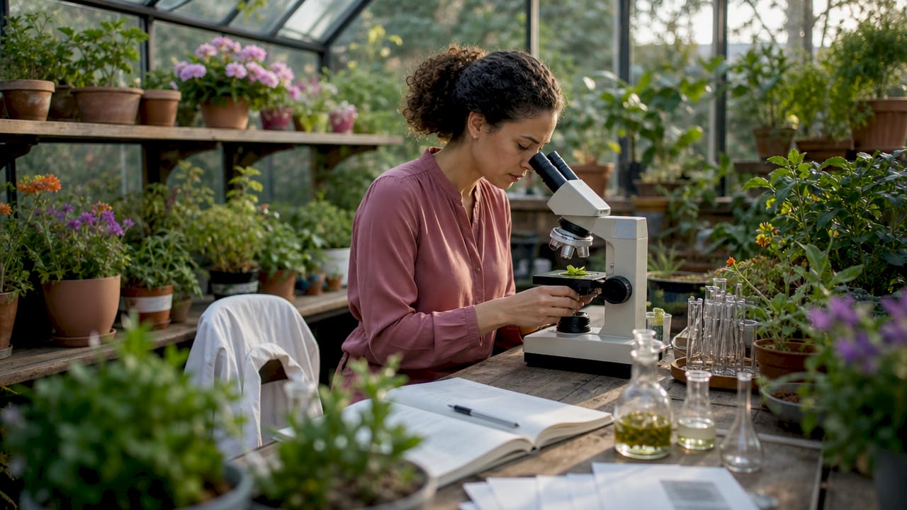 Scientist examining plant leaves under microscope