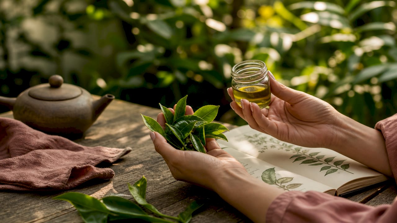Hands holding green tea leaves and extract jar