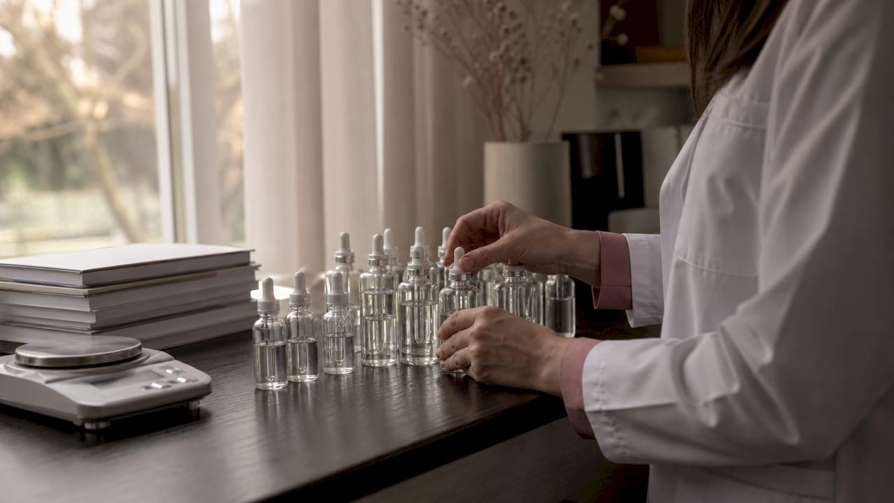 Dermatologist holding skincare serum bottles