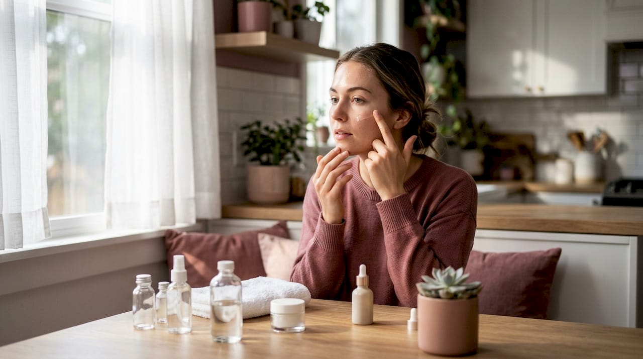 Woman applying skincare serum at home vanity