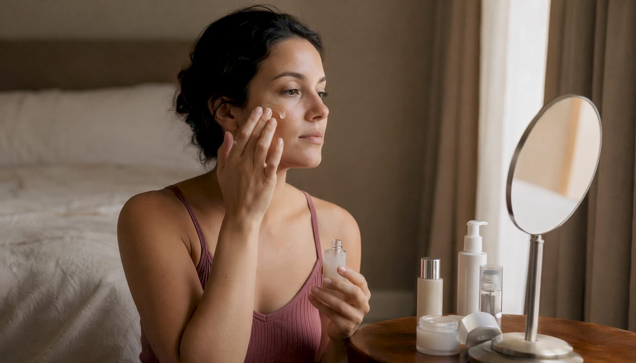 Hands applying targeted skin serum at home