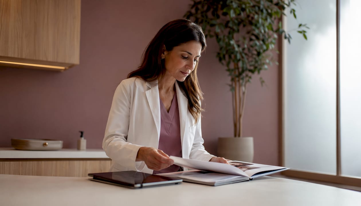 Dermatologist reviewing skin analysis report