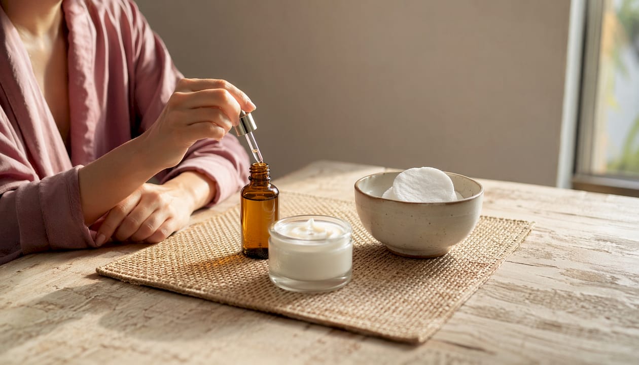 Flat lay of brightening skincare products on wooden surface