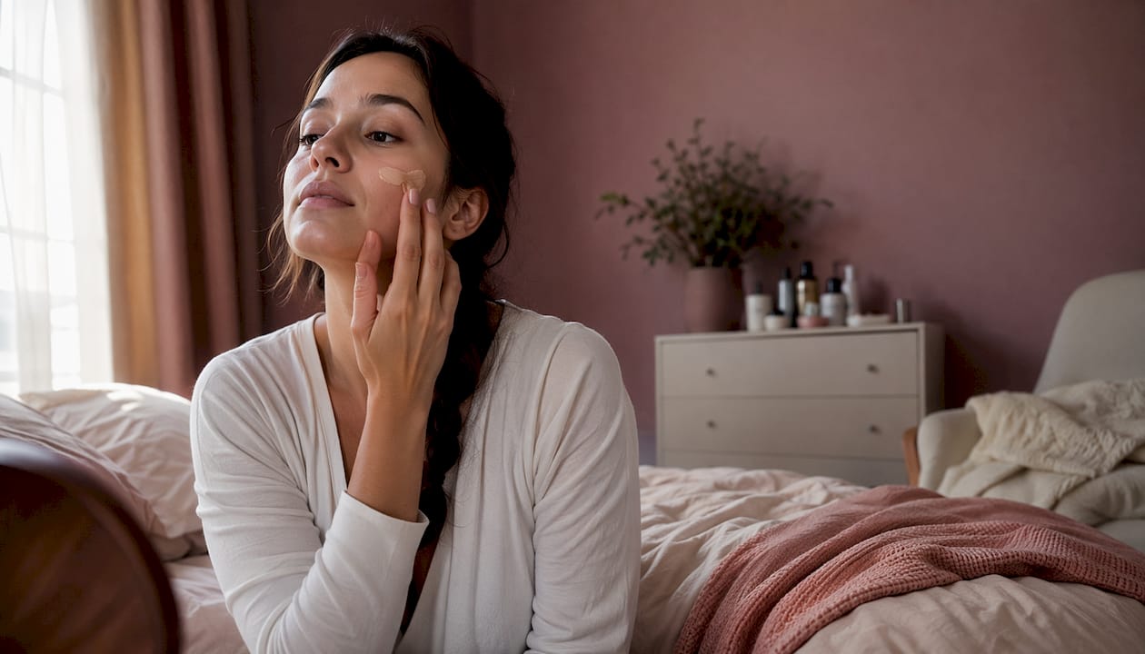 Woman applying sunscreen in bright bathroom
