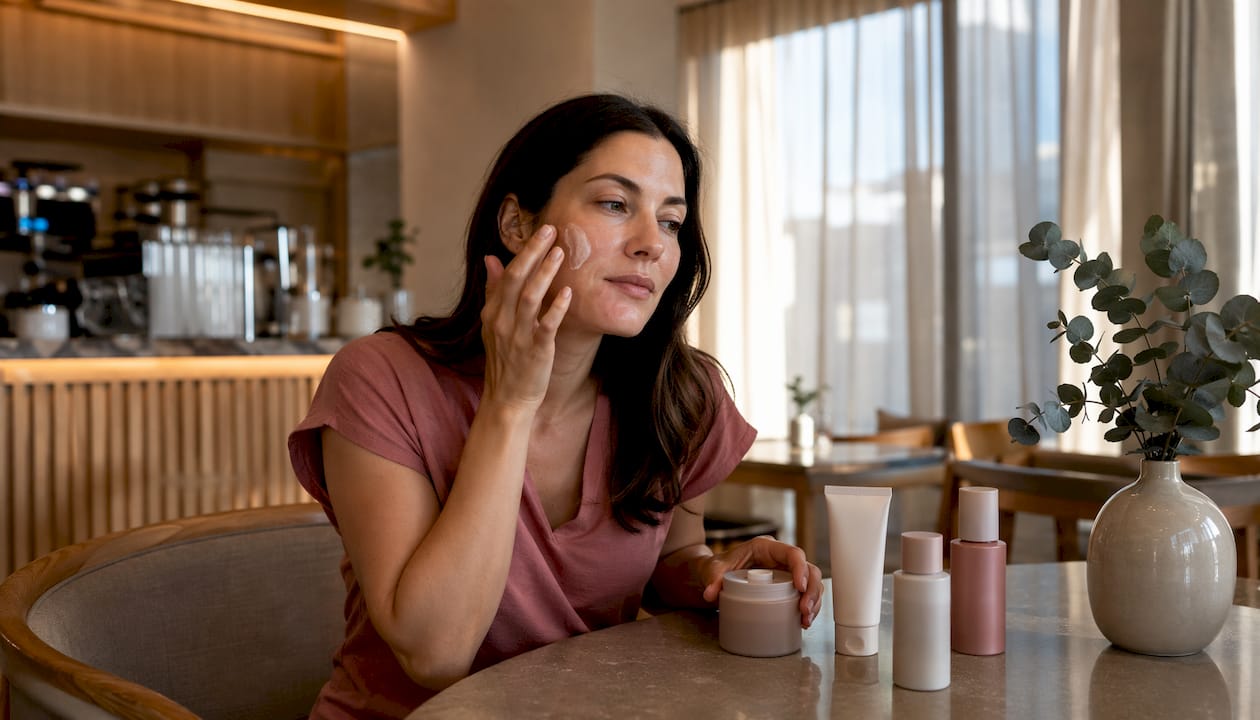 Woman applying natural skincare to face