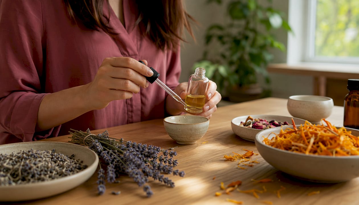 Close-up natural skincare ingredients and serum